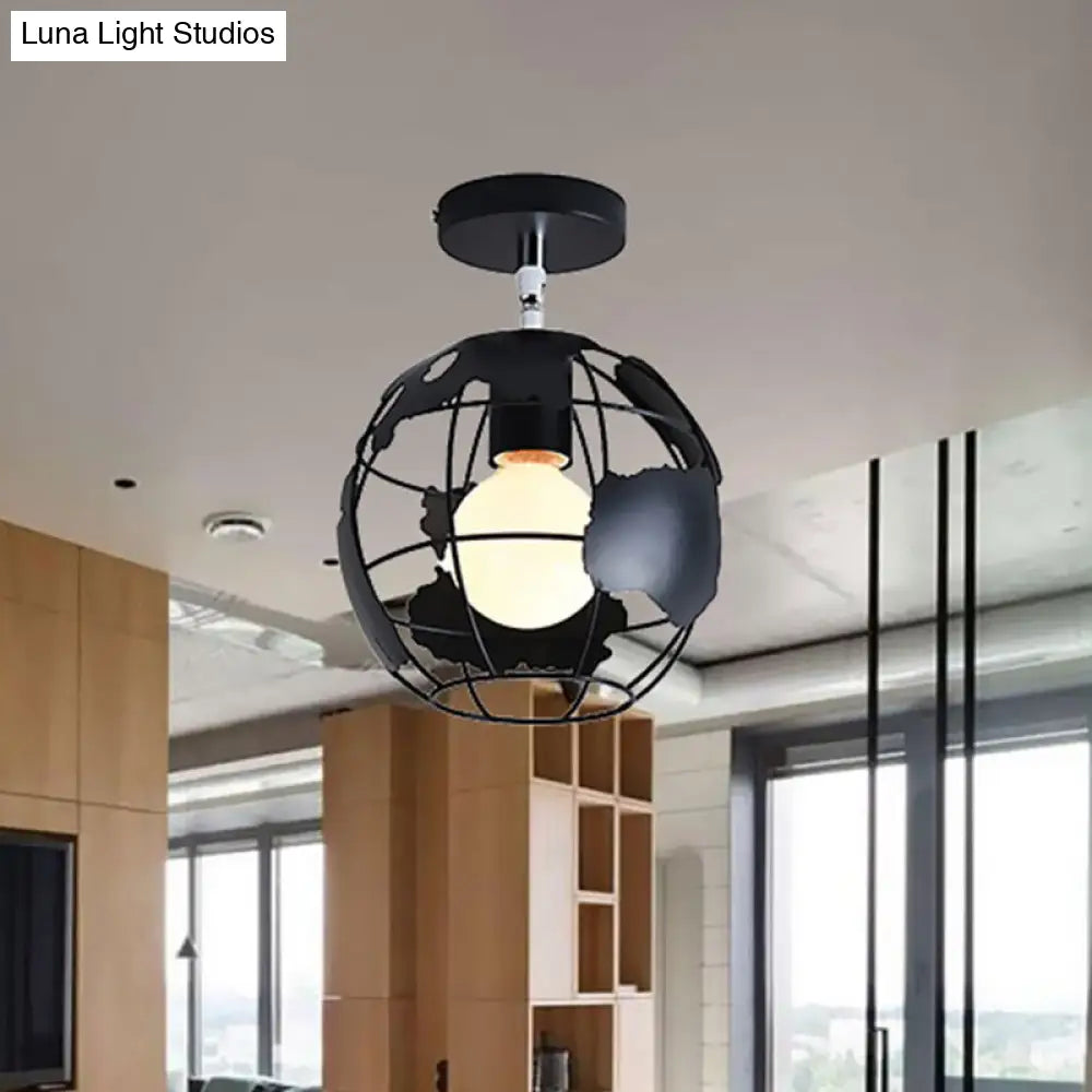 Lámpara colgante industrial negra DecorBites™ para techo de pasillo - Semiempotrada, forma esférica/ovalada, con estructura de hierro, 1 luz