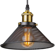 Industrial pendant light featuring a black cage mesh shade and brass-finished hardware by decorbites black cage
