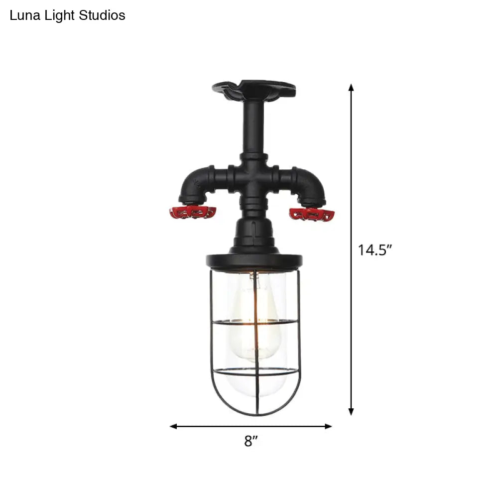 DecorBites™ DecorBites™ Lámpara de techo semiempotrada industrial negra con jaula, cristal transparente y válvula de descarga para balcón