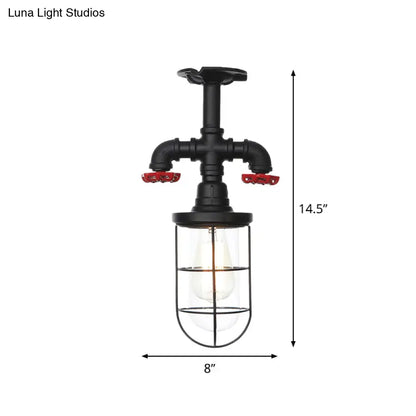 DecorBites™ DecorBites™ Lámpara de techo semiempotrada industrial negra con jaula, cristal transparente y válvula de descarga para balcón