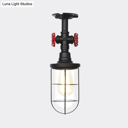 DecorBites™ DecorBites™ Lámpara de techo semiempotrada industrial negra con jaula, cristal transparente y válvula de descarga para balcón