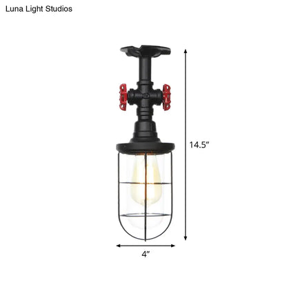 DecorBites™ DecorBites™ Lámpara de techo semiempotrada industrial negra con jaula, cristal transparente y válvula de descarga para balcón
