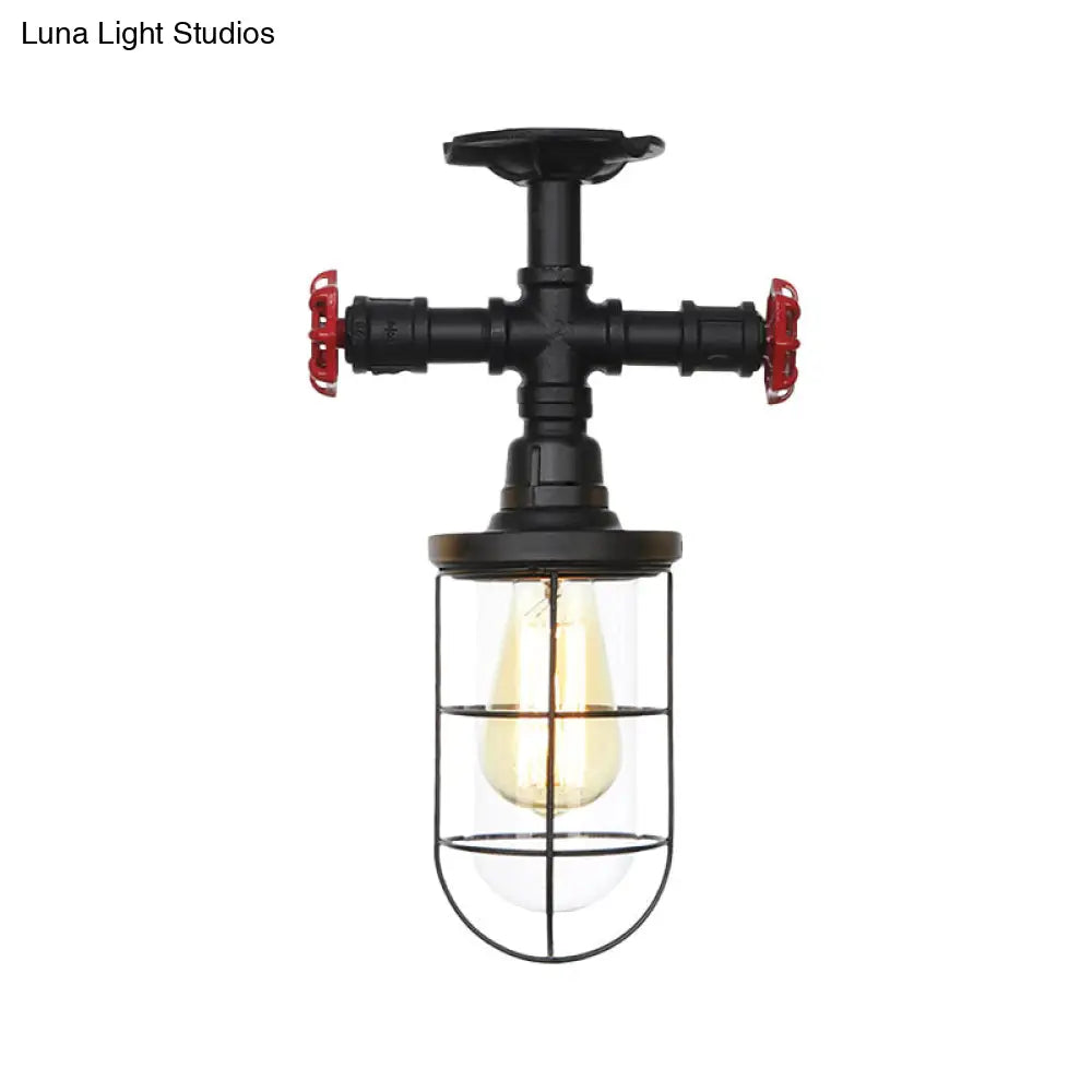 DecorBites™ DecorBites™ Lámpara de techo semiempotrada industrial negra con jaula, cristal transparente y válvula de descarga para balcón