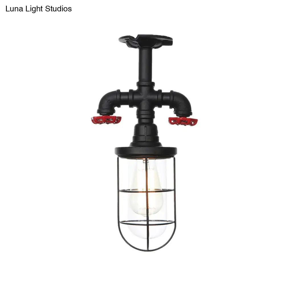 DecorBites™ DecorBites™ Lámpara de techo semiempotrada industrial negra con jaula, cristal transparente y válvula de descarga para balcón