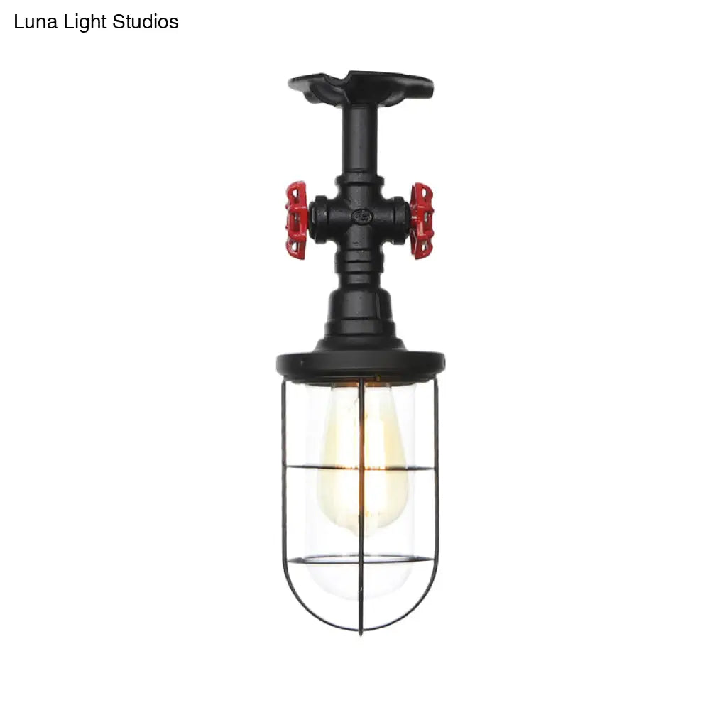 DecorBites™ DecorBites™ Lámpara de techo semiempotrada industrial negra con jaula, cristal transparente y válvula de descarga para balcón