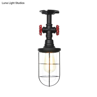 DecorBites™ DecorBites™ Lámpara de techo semiempotrada industrial negra con jaula, cristal transparente y válvula de descarga para balcón
