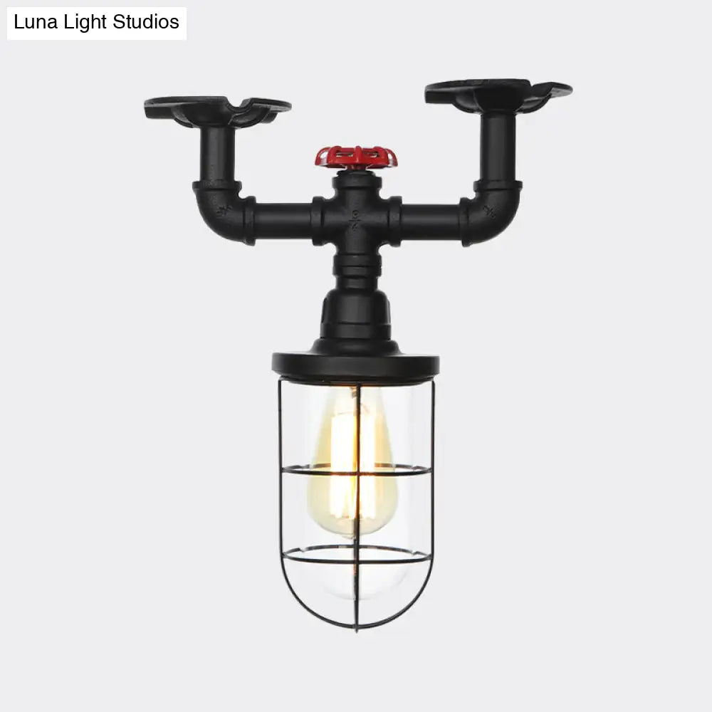 DecorBites™ DecorBites™ Lámpara de techo semiempotrada industrial negra con jaula, cristal transparente y válvula de descarga para balcón