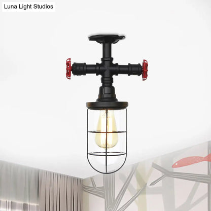 DecorBites™ DecorBites™ Lámpara de techo semiempotrada industrial negra con jaula, cristal transparente y válvula de descarga para balcón