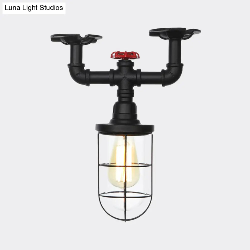 DecorBites™ DecorBites™ Lámpara de techo semiempotrada industrial negra con jaula, cristal transparente y válvula de descarga para balcón
