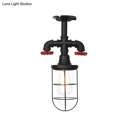 DecorBites™ DecorBites™ Lámpara de techo semiempotrada industrial negra con jaula, cristal transparente y válvula de descarga para balcón
