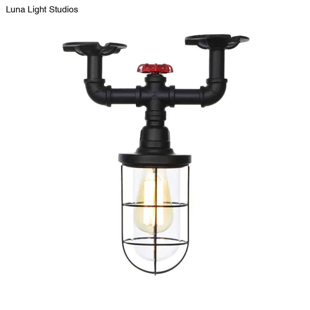 DecorBites™ DecorBites™ Lámpara de techo semiempotrada industrial negra con jaula, cristal transparente y válvula de descarga para balcón