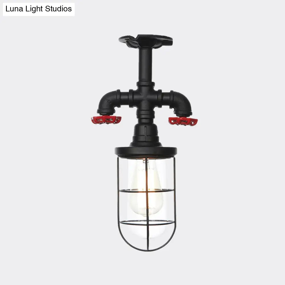 DecorBites™ DecorBites™ Lámpara de techo semiempotrada industrial negra con jaula, cristal transparente y válvula de descarga para balcón