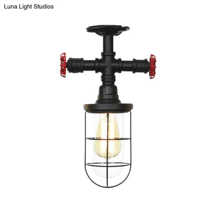 DecorBites™ DecorBites™ Lámpara de techo semiempotrada industrial negra con jaula, cristal transparente y válvula de descarga para balcón