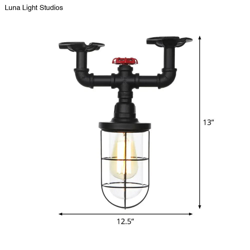 DecorBites™ DecorBites™ Lámpara de techo semiempotrada industrial negra con jaula, cristal transparente y válvula de descarga para balcón
