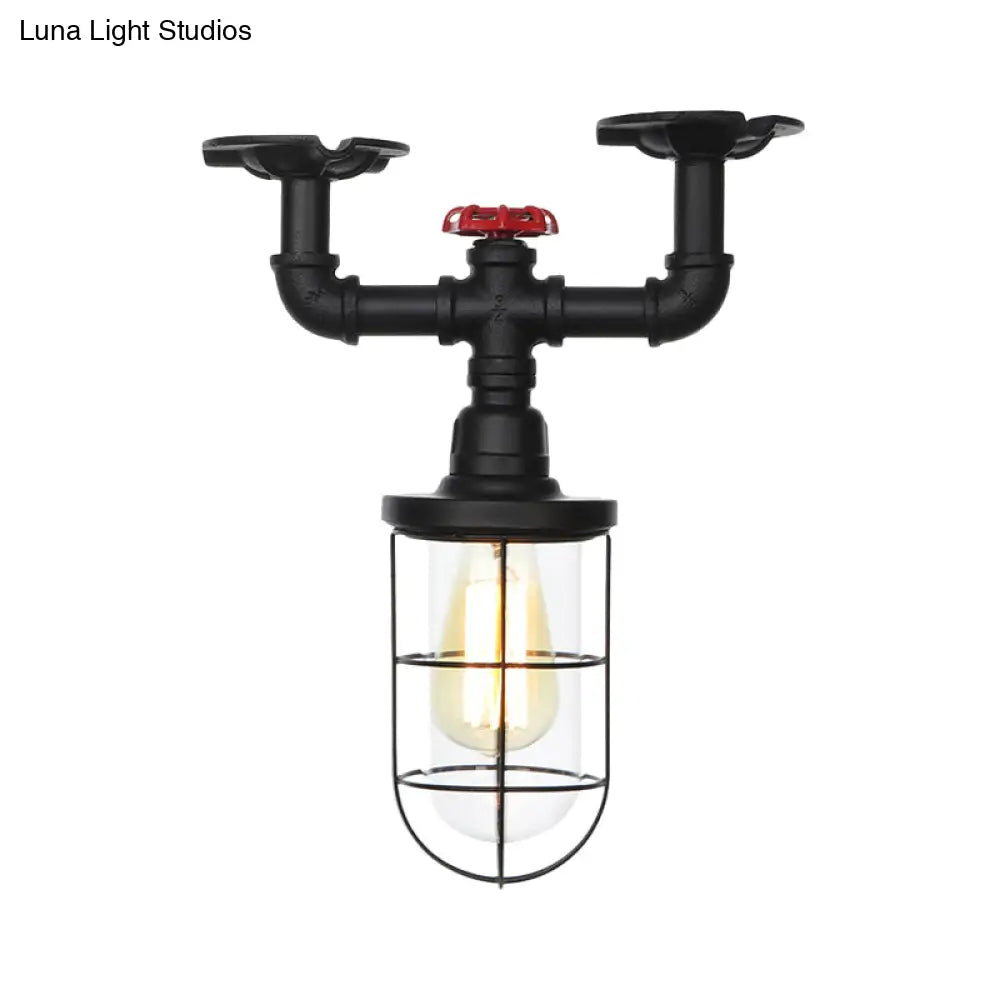 DecorBites™ DecorBites™ Lámpara de techo semiempotrada industrial negra con jaula, cristal transparente y válvula de descarga para balcón