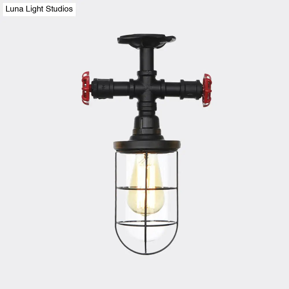 DecorBites™ DecorBites™ Lámpara de techo semiempotrada industrial negra con jaula, cristal transparente y válvula de descarga para balcón