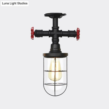 DecorBites™ DecorBites™ Lámpara de techo semiempotrada industrial negra con jaula, cristal transparente y válvula de descarga para balcón