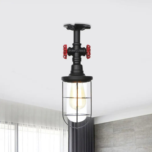 DecorBites™ DecorBites™ Industrial Black Cage Semi Flush Mount Ceiling Fixture with Clear Glass, Flush Valve Decor for Balcony