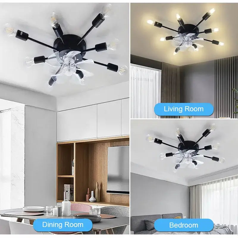 Industrial black ceiling fan with clear blades and multiple arms LED light fixture for modern living room decorbites industrial ceiling fan