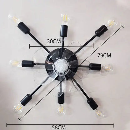 Industrial black starburst ceiling fan with led lights and transparent blades for living room with remote control