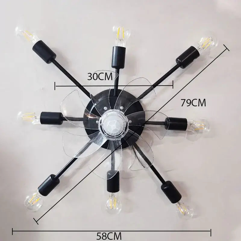 Industrial black starburst ceiling fan with led lights and transparent blades for living room with remote control