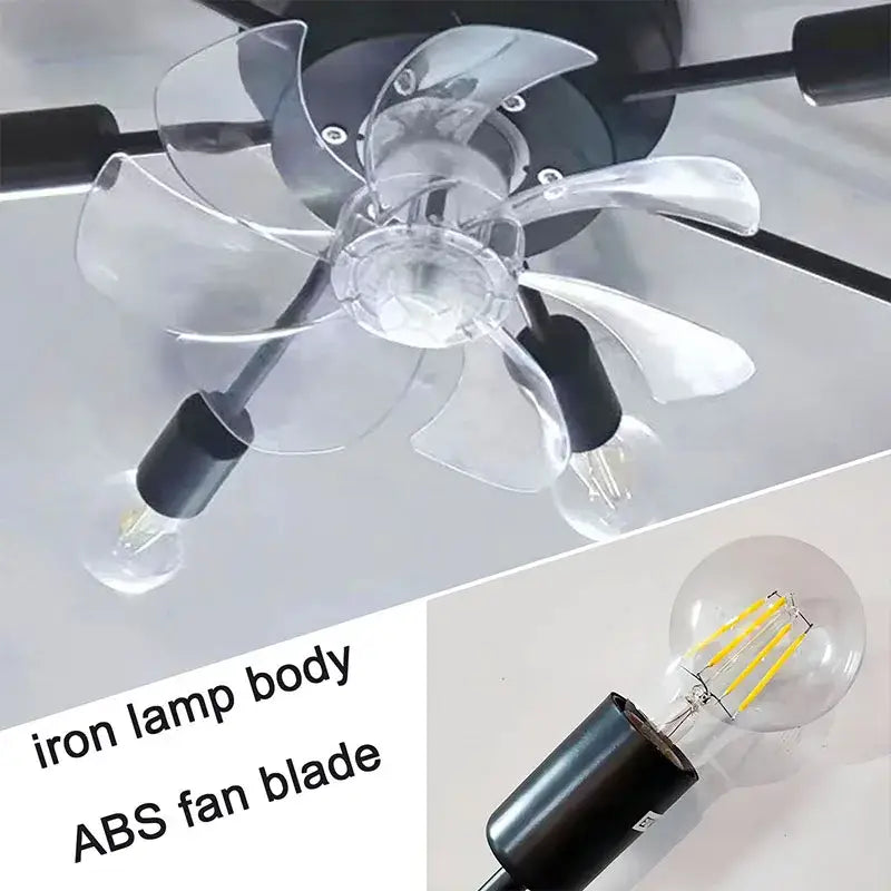 Industrial black ceiling fan with clear abs blades and led lights featuring black iron body for living room use