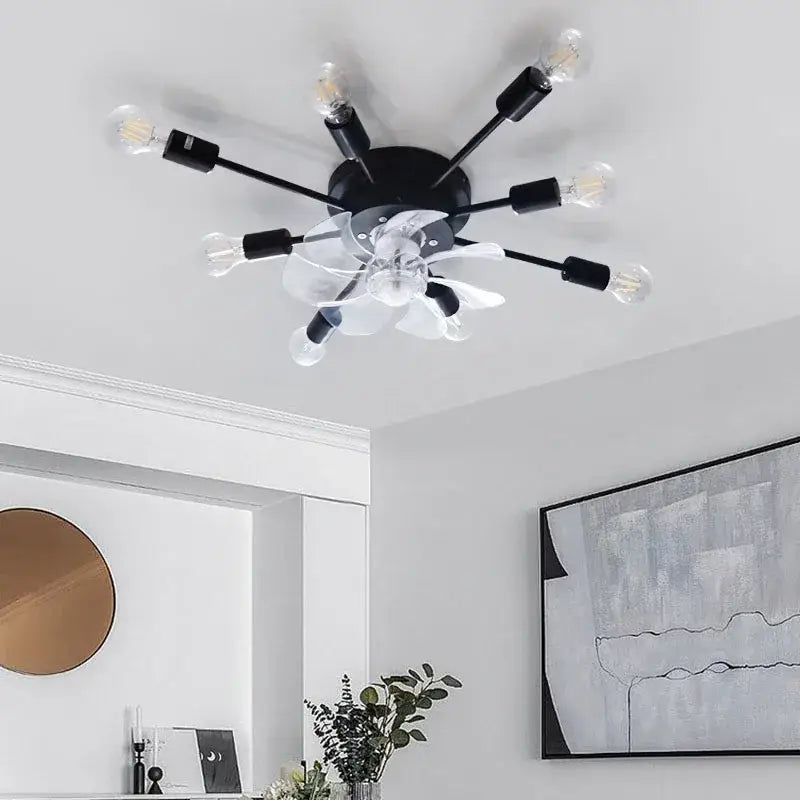 Industrial black ceiling fan with clear glass blades and led lights for living room with remote control