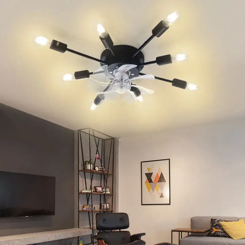 Industrial black ceiling fan with clear blades and exposed led lights designed for living room with remote control