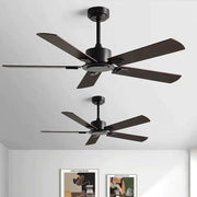 Industrial black ceiling fan with five matte blades and remote control in modern black industrial style for living room