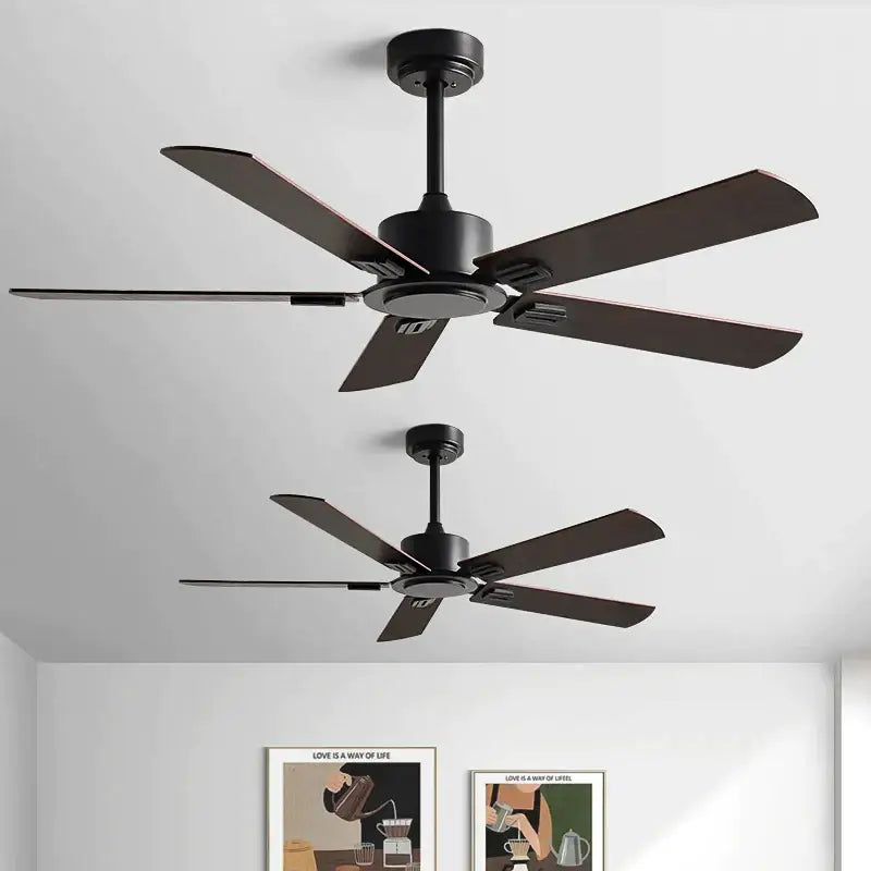 Industrial black ceiling fan with five matte blades and remote control in modern black industrial style for living room