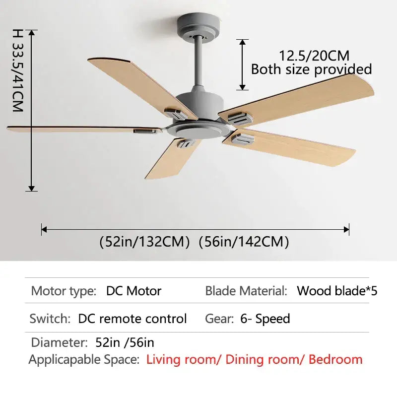 Gray ceiling fan with five light wood blades and dc motor in black industrial style with remote control for living room