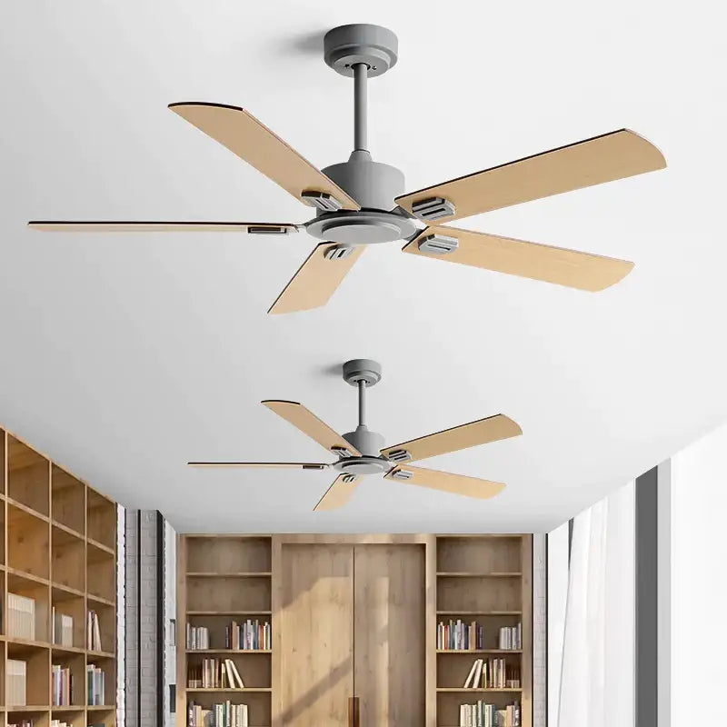 Industrial black ceiling fan with remote control featuring light gray metal hub and natural wood blades for living room