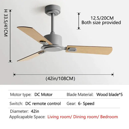Modern ceiling fan with three light wooden blades and matte gray housing for black industrial style remote control use