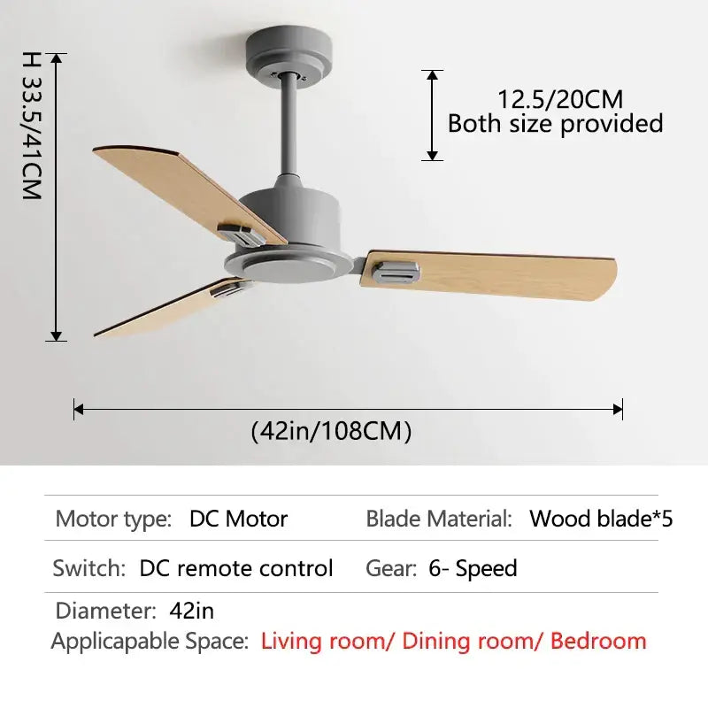 Modern ceiling fan with three light wooden blades and matte gray housing for black industrial style remote control use