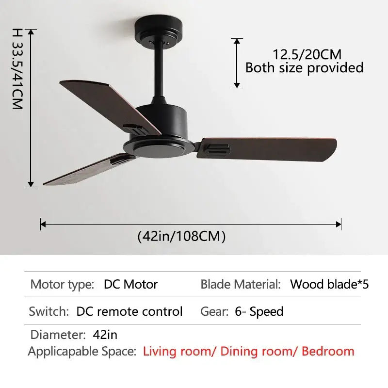 Industrial black ceiling fan with three dark wood blades and remote control for living room use with dc motor