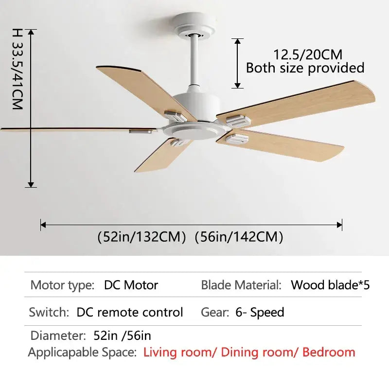 White ceiling fan with five light wood blades and dc motor complementing black industrial style with remote control