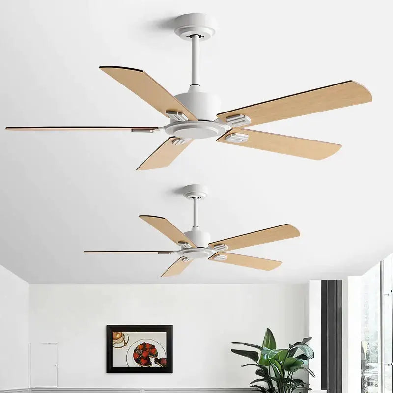 White ceiling fan with five light wood blades and remote control black industrial style for living room use