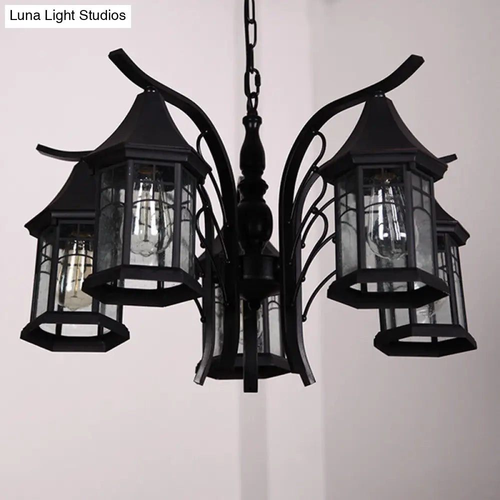 Industrial Black Ceiling Light with Clear Glass Lantern Chandelier - 3/5/6 Heads