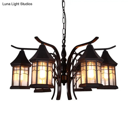 Industrial Black Ceiling Light with Clear Glass Lantern Chandelier - 3/5/6 Heads