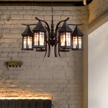 Industrial Black Ceiling Light with Clear Glass Lantern Chandelier - 3/5/6 Heads