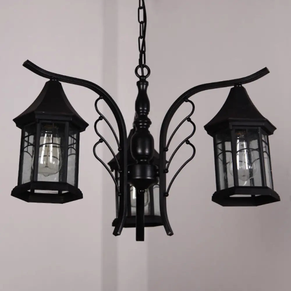 Industrial Black Ceiling Light with Clear Glass Lantern Chandelier - 3/5/6 Heads