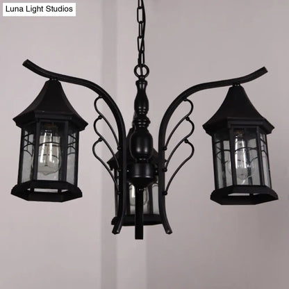 Industrial Black Ceiling Light with Clear Glass Lantern Chandelier - 3/5/6 Heads