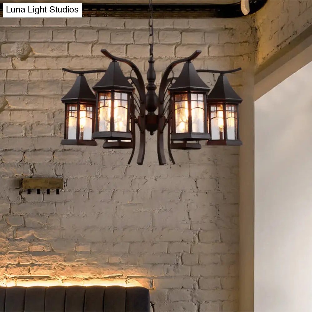 Industrial Black Ceiling Light with Clear Glass Lantern Chandelier - 3/5/6 Heads