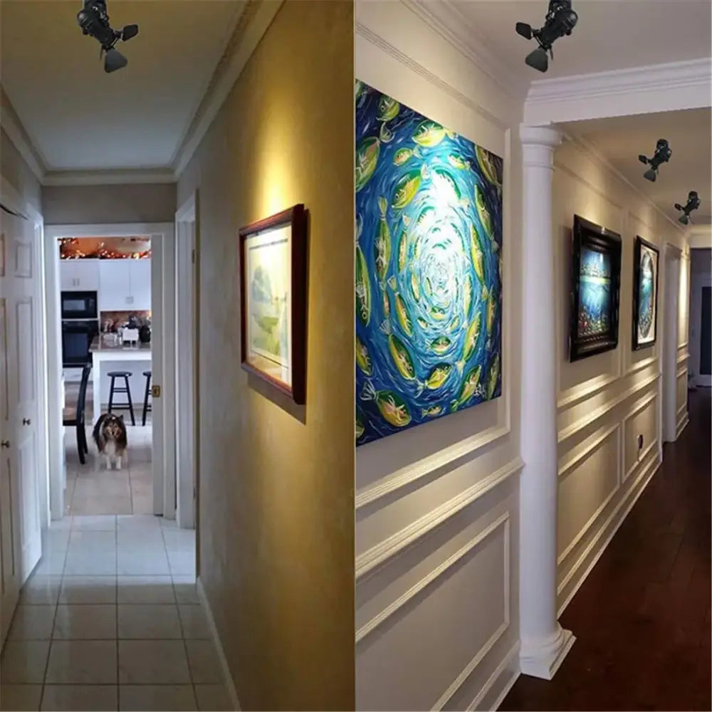 Industrial black ceiling spotlight lamp with adjustable hallway blades featuring vibrant blue and green fish artwork in dark wood frame