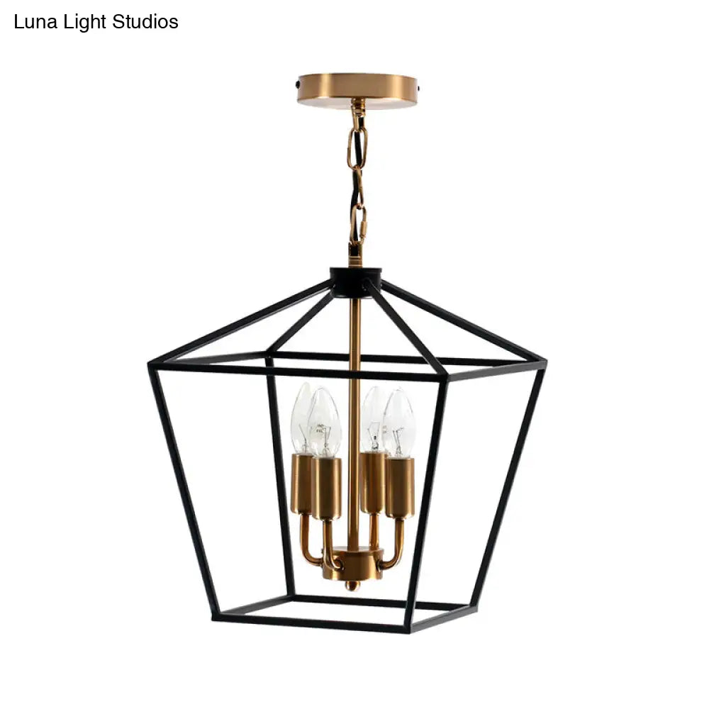 Industrial Black Chandelier with 4 Cage Metal Pendant Lights
