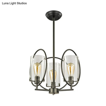 Industrial Black Chandelier with Clear Glass Cylindrical Shades - 3 Bulb Hanging Pendant Light