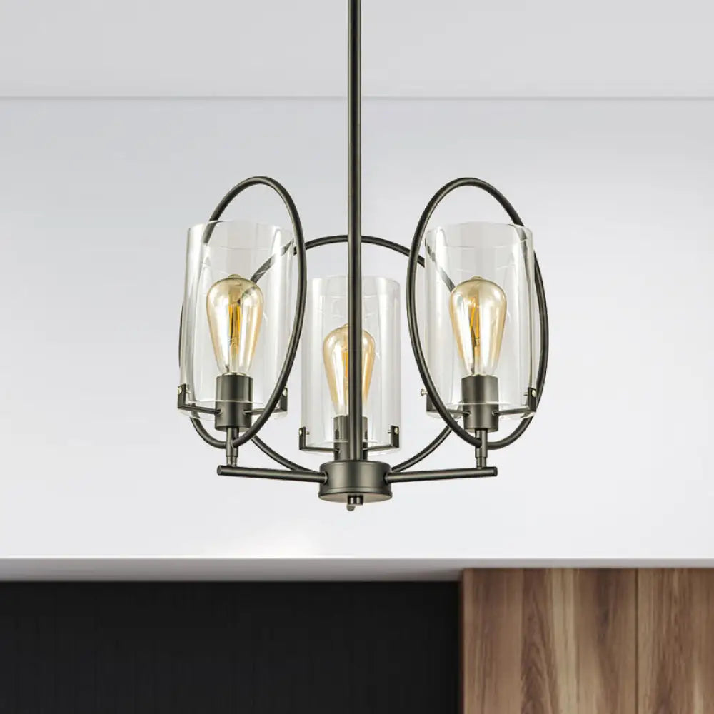 Industrial Black Chandelier with Clear Glass Cylindrical Shades - 3 Bulb Hanging Pendant Light