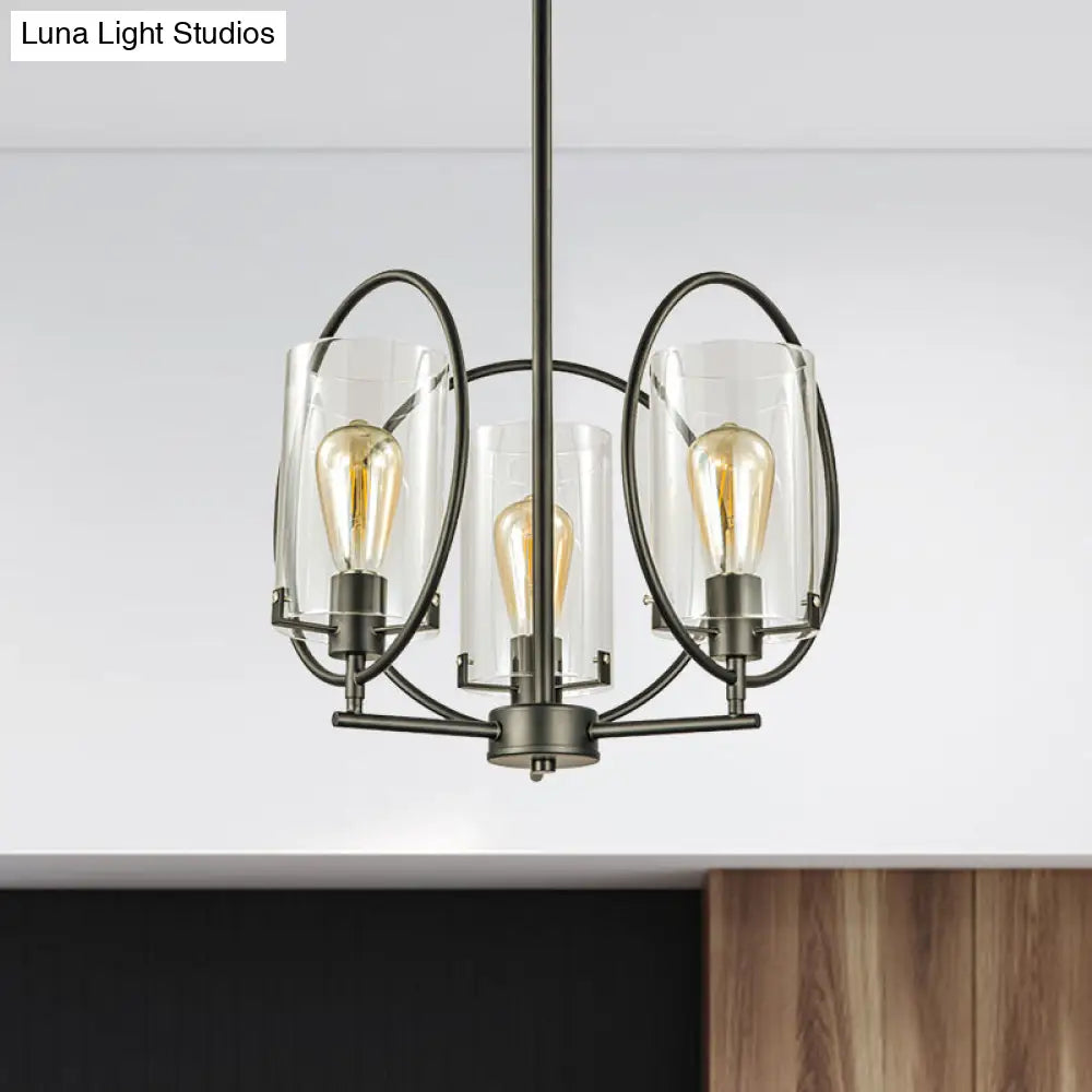 Industrial Black Chandelier with Clear Glass Cylindrical Shades - 3 Bulb Hanging Pendant Light