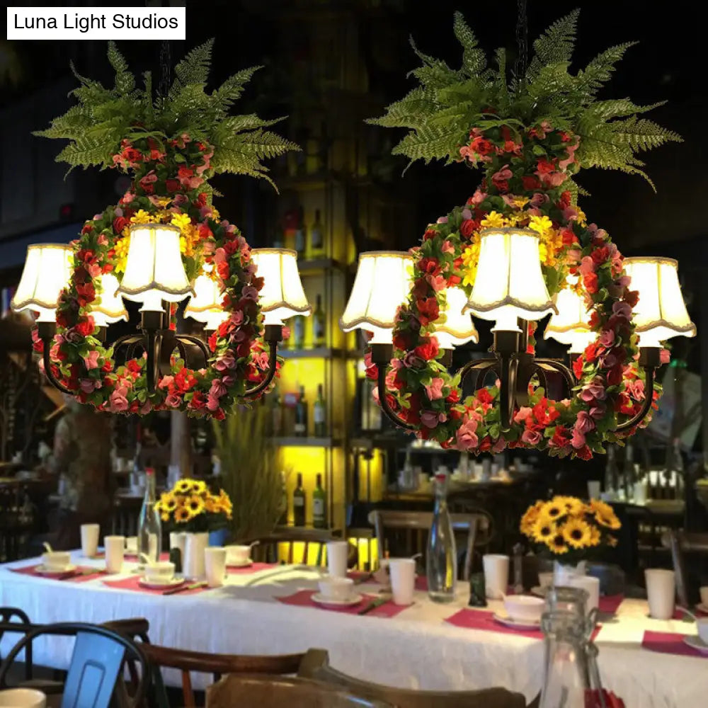 Industrial Black Chandelier with LED Fabric Flower Design - 5-Light Hanging Lamp