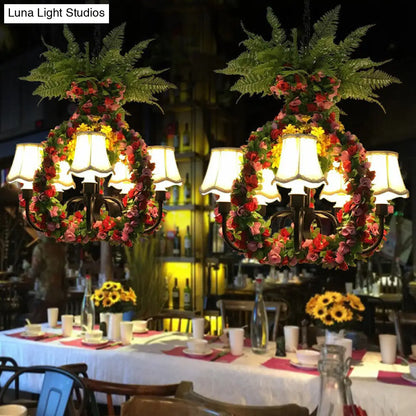 Industrial Black Chandelier with LED Fabric Flower Design - 5-Light Hanging Lamp